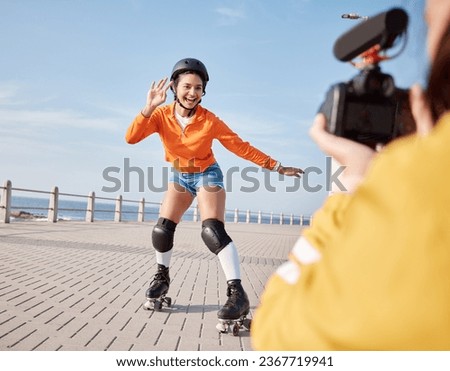 Girl, rollerskates and smile for camera, boardwalk and fun by ocean, sea and outdoors for hobby. Active person, skating and sport in summer, protection and gear for safety, energy and happy in summer