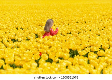 Girl running in a yellow tulip field