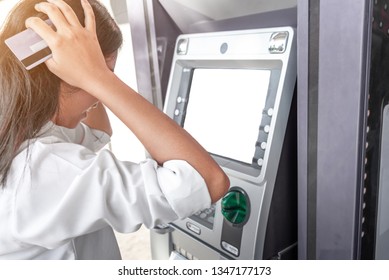 The Girl Is Sad And Disappointed. There Is No Money In The ATM.