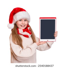 Girl in Santa hat holding drawing tablet with empty copy-space. - Powered by Shutterstock