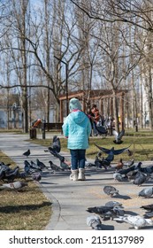 A girl scares the pigeons in the city park. A flock of birds eats sitting on the path. A child runs and scares the birds.