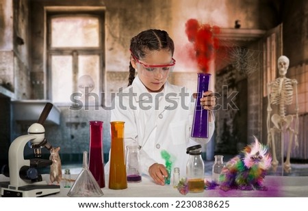 Girl scientist and her mice in creepy lab experimenting with flasks potions and magic