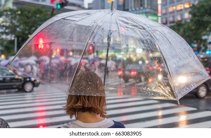 Girl With See Through Umbrella Waiting To Cross A Pedestrian Crossing