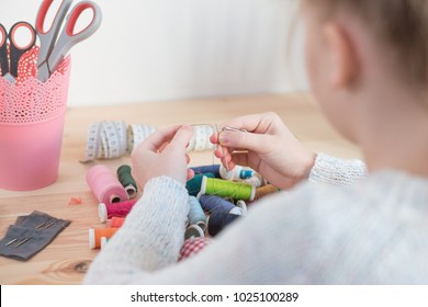 Girl Sews Doll Clothes, Child Sewing 