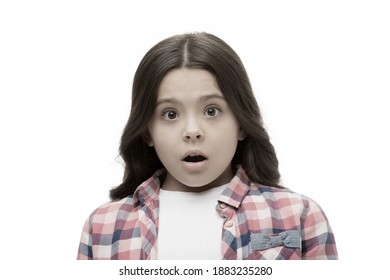 Girl With Shocked Look Isolated On White. Little Kid In Casual Style. Child With Long Brunette Hair. Beauty Salon. No Way. Surprised Girl. Back To School.