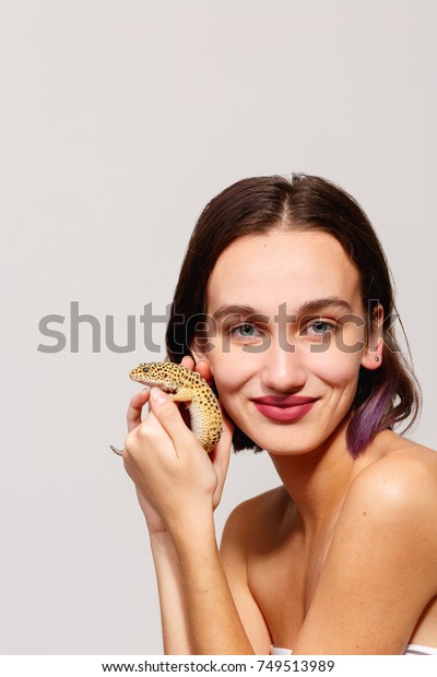 Girl Short Hair Bare Shoulders Holding Stock Photo Edit Now