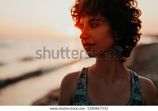 Girl Short Hair Curly Hair Sunset Stock Photo Edit Now