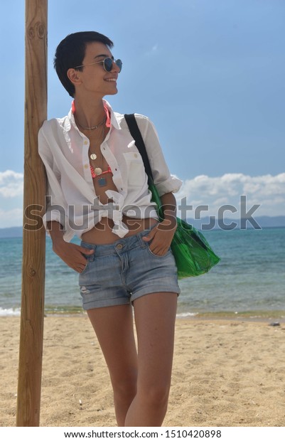 Girl Short Hair On Beach Standing Stock Photo Edit Now 1510420898