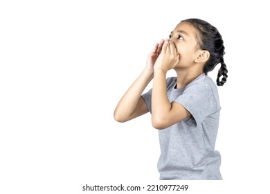 Girl Shout. Little Lady Scream About Sale. Looking Side. Pretty Kid With Hands Near Head. Child Portrait. Modern Loud. Positive Emotion. Sound On. Yelling Face. Rumor Concept