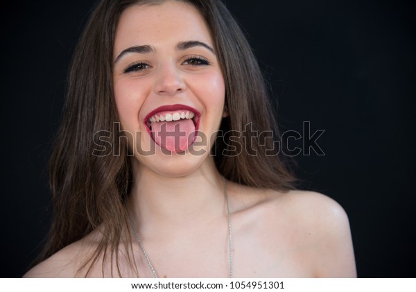 Girl Showing Tongue Straight Black Dark Stock Photo Edit