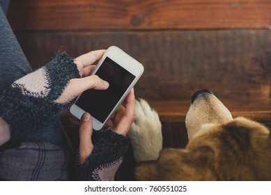 Girl Siting Next To Her Dog Using Phone