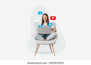 girl sitting on a chair with a laptop with social media icons around her isolated over white background creative collage concept - Powered by Shutterstock