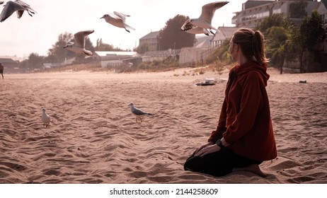 The Girl Is Sitting On Her Knees On The Beach Against The Backdrop Of Seagulls, The Girl Is On The Beach.