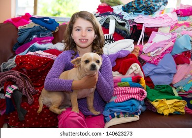 Girl Sitting On A Messy Clothes Sofa With Chihuahua Dog Before Folding Laundry