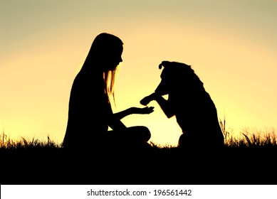 a girl is sitting outside in the grass, shaking hands with her German Shepherd dog, silhouetted against the sunsetting sky - Powered by Shutterstock