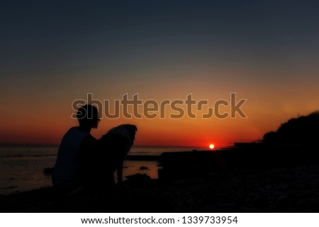 a girl is sitting outside in the grass, shaking hands with her German Shepherd dog, silhouetted against the sunsetting sky