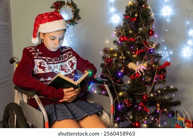 girl sitting in wheelchair reading book and drinking tea near christmas tree, new year sweaters, wheelchair, new year gifts, new year gifts, ornaments, string lights, tinsel, put up a christmas tree,  - Powered by Shutterstock