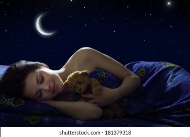 Girl Sleeping At Night On Background Of The Moon