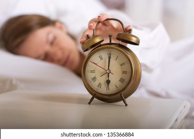 Girl Is Sleeping And Turns Off The Alarm At 6 Am