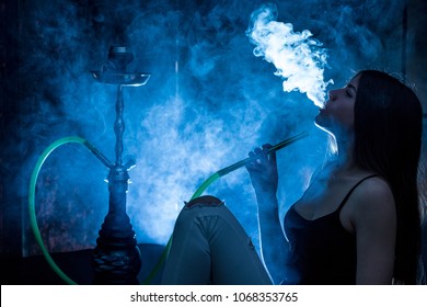 Girl Smoking Hookah Blue Background