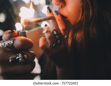 Girl Smoking Joint With Septum Ring