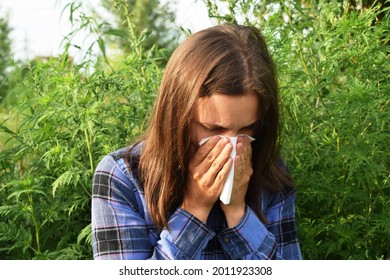 The Girl Sneezes Against The Background Of Ragweed. Ambrosia Pollen Allergy Concept.