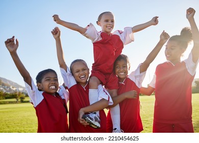 Girl Soccer Competition Winner, Football Success Celebration And Celebrate Victory Together With Team Spirit. Fitness Training, Teamwork And Motivation Let Children Sport Athlete Win Competitive Game