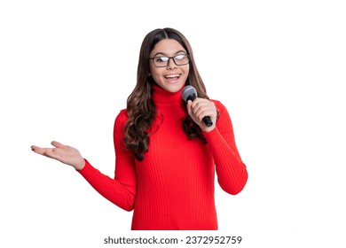 girl speaker interviewing with microphone. girl speaker conducting interviews. Skillful girl speaker engaging in insightful interviews. girl speaker captivating audiences with her interviewing style