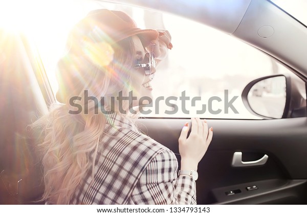 girl spring auto / happy girl in the car,\
travel spring mood\
happiness