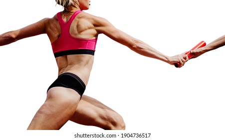 Girl Sprinter Runner Passing Relay Baton Run On White Backgroun