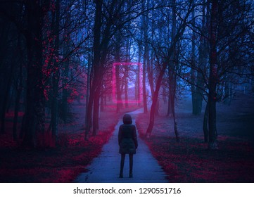 Girl stand on the scary road in the paranormal world. Neon portal. Retro style. Retrowave. Strange forest in a fog with red leaves. Mystical atmosphere. Dark mysterious park. 