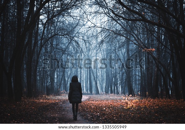 Girl Stands On Road Night Forest Stock Photo Edit Now