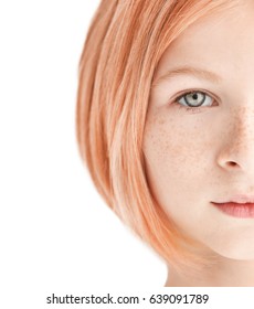 Girl With Strawberry Blonde Hair On White Background