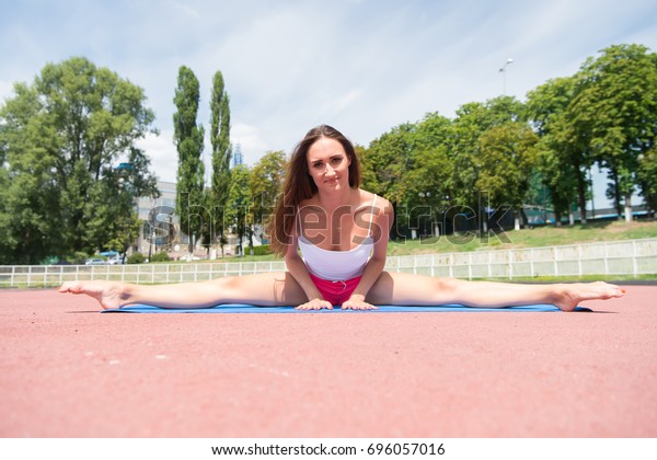 Girl Sunny Outdoor On Fitness Mat People Sports Recreation