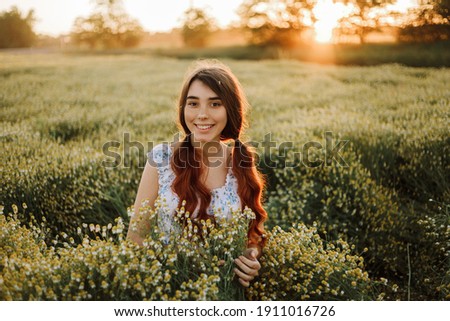 

girl at sunset on a chamomile meadow