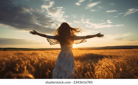 Girl at sunset with outstretched arms on a field with grain