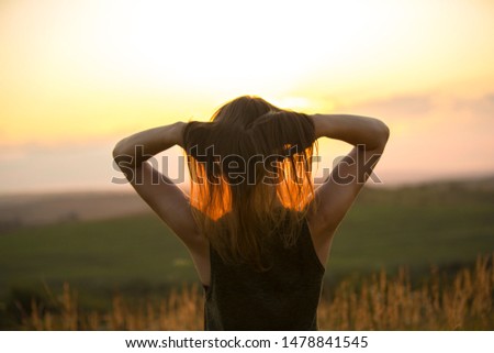 Image, Stock Photo Woman, both hands in the hair, back view