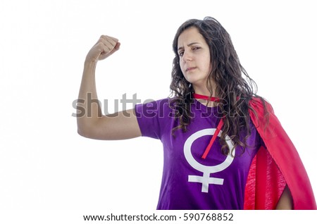Girl superhero with a red cape. International Women's Day 8 March.