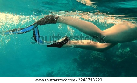 Girl swims in fins. Woman legs