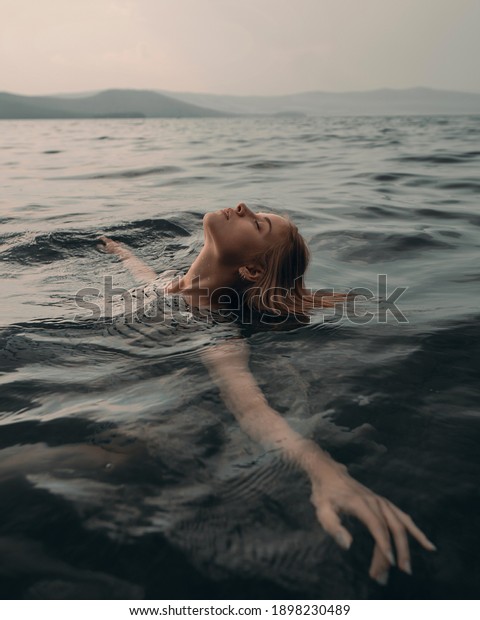 Girl Swims Relaxed Beautiful Mountain Lake Stock Photo (Edit Now ...