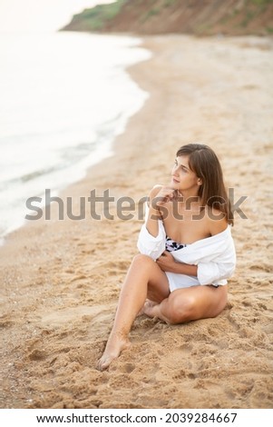 Image, Stock Photo Thoughtful latin woman on the beach