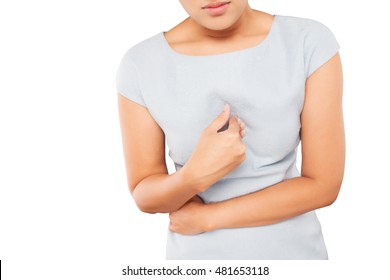 Girl with symptomatic acid reflux, isolate on white background