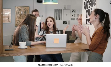 Girl Takes Off Her Glasses Virtual Reality After Using The New App Share Experiences With Team In The Startup Office.