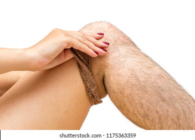 girl takes off pantyhose with her hair. The concept of depilation. Difference before and after shave effect