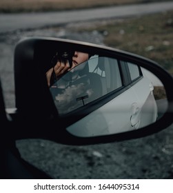 Girl Takes Selfie On Car Wing Mirror