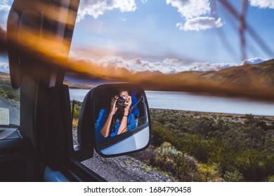 Girl Taking Selfie In A Car Mirror, Road Trip