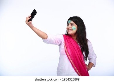 Girl Taking Selfie And Celebrating Holi