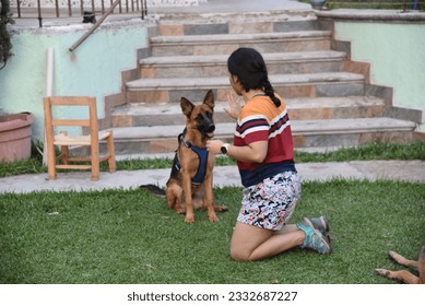 Girl teaching her well-behaved German Shepherd dog to stay in her own home while the dog listens - Powered by Shutterstock