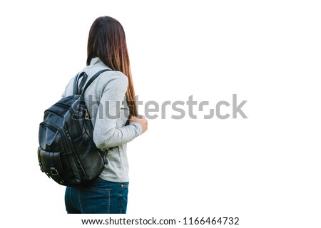 Girl or teenager with backpack isolated on white background.