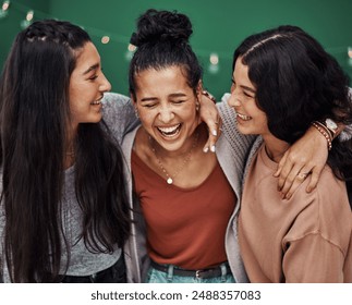 Girl, teenager and sisters with laughing in cafe with hug, joke and connection with care, love and bonding. People, group and family with embrace, happy and comic memory with reunion at coffee shop - Powered by Shutterstock